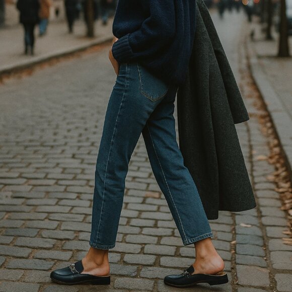 Vionic Georgie Navy Leather Chain Slip-On Mules Size 8.5 - Picture 1 of 10
